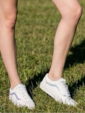 Vans White Leather Sneakers with Iridescent Teal/Blue Accent